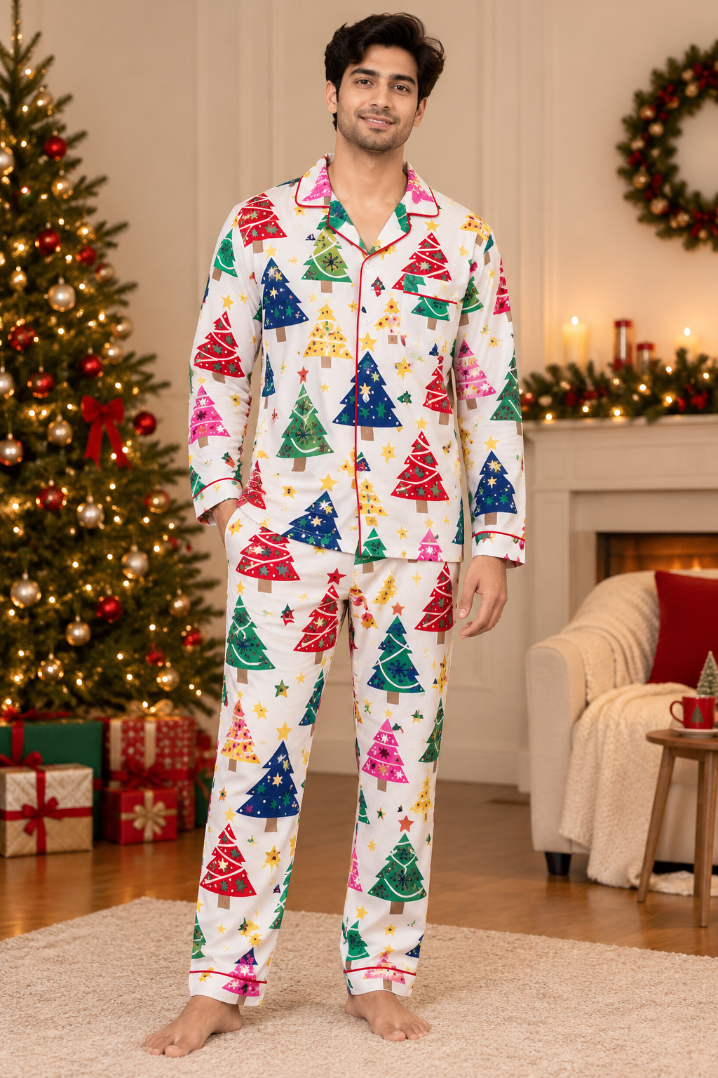 Twinkling Trees Print  Cotton Flannel Long Sleeve Men's Night Suit
