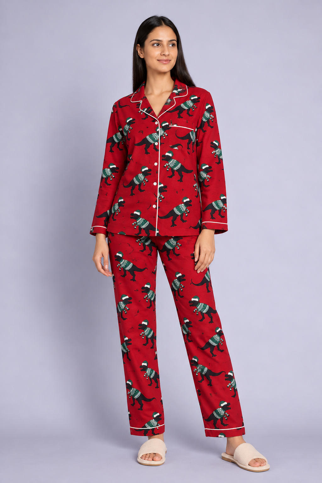 Festive Dino Print Red cotton Flannel Long Sleeve Women's Night Suit