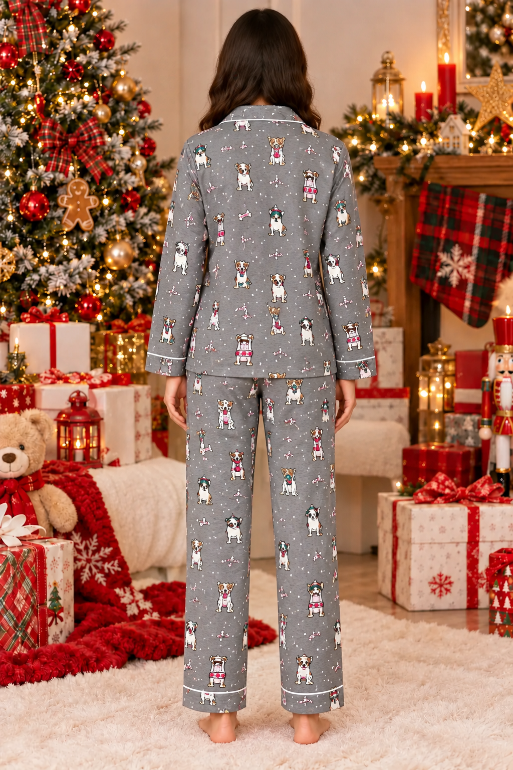 Festive Puppy Print cotton Flannel Long Sleeve Women's Night Suit
