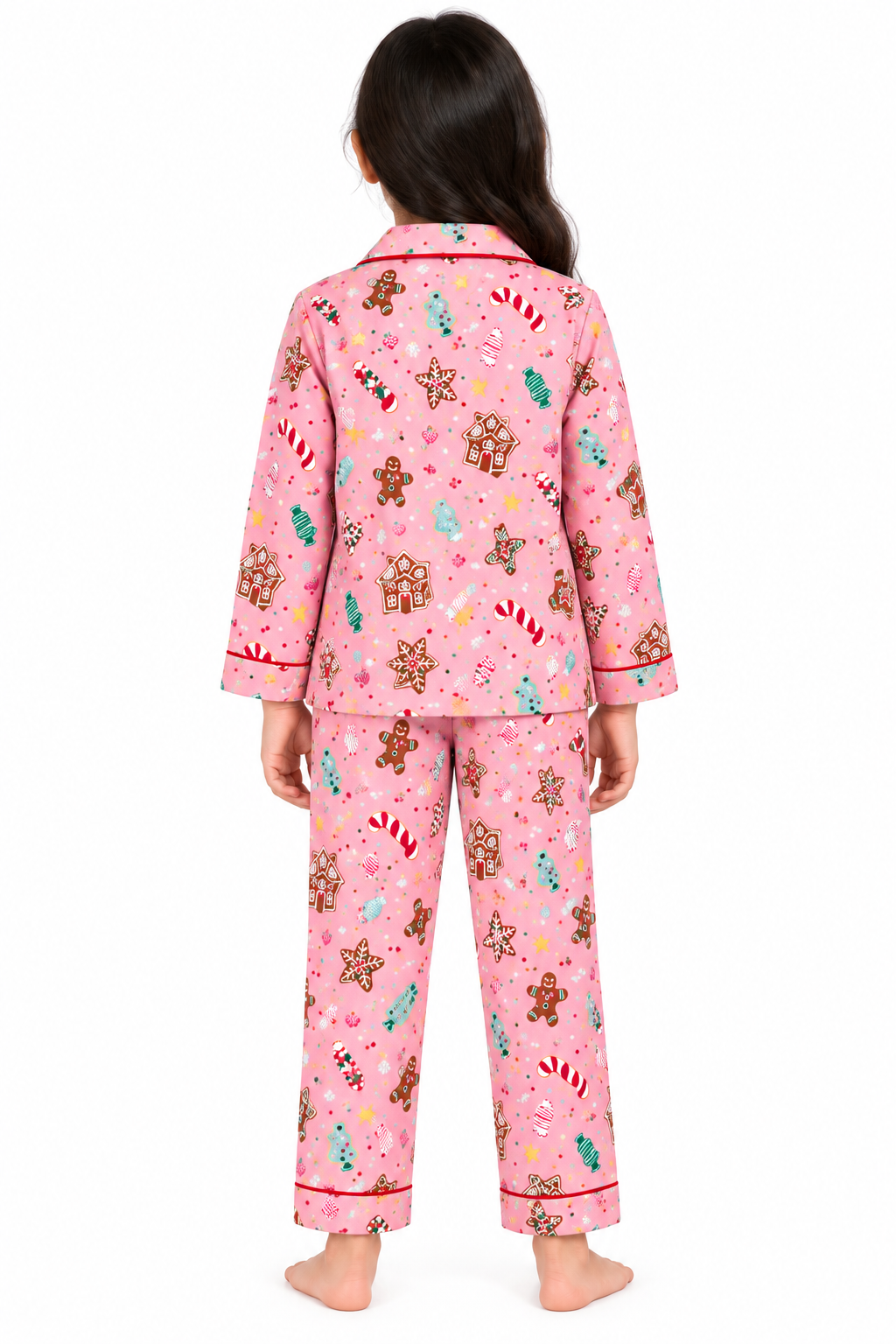 Pink Gingerbread Christmas Cotton Flannel Long Sleeve Kids Night Suit