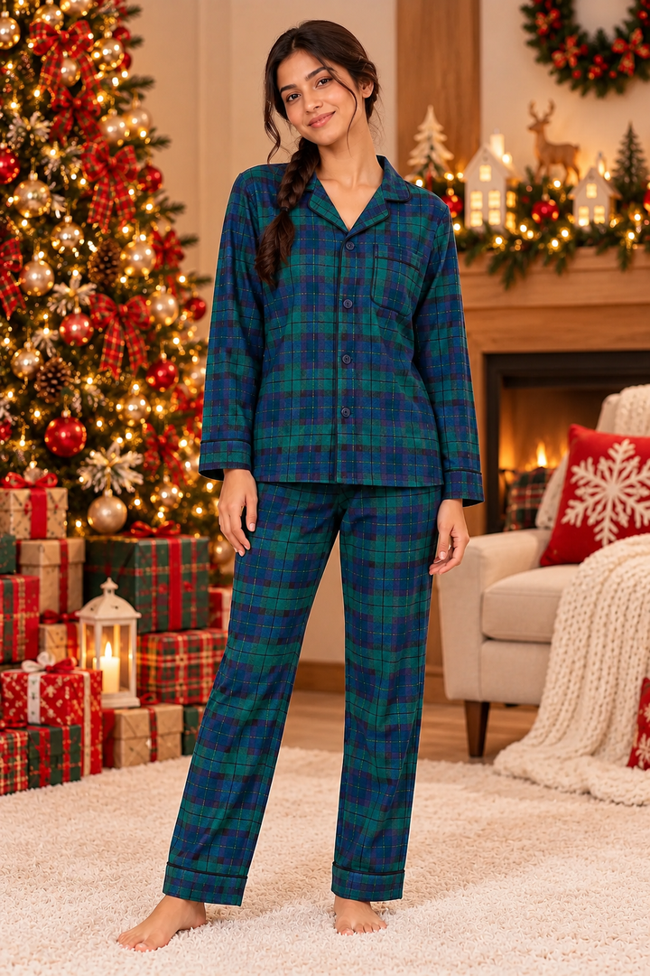 Festive Evergreen Plaid Cotton Flannel Long Sleeve Women's Night Suit