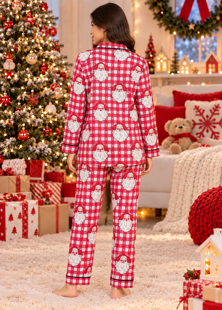 Merry Santa Gingham Cotton Flannel Long Sleeve Women's Night Suit