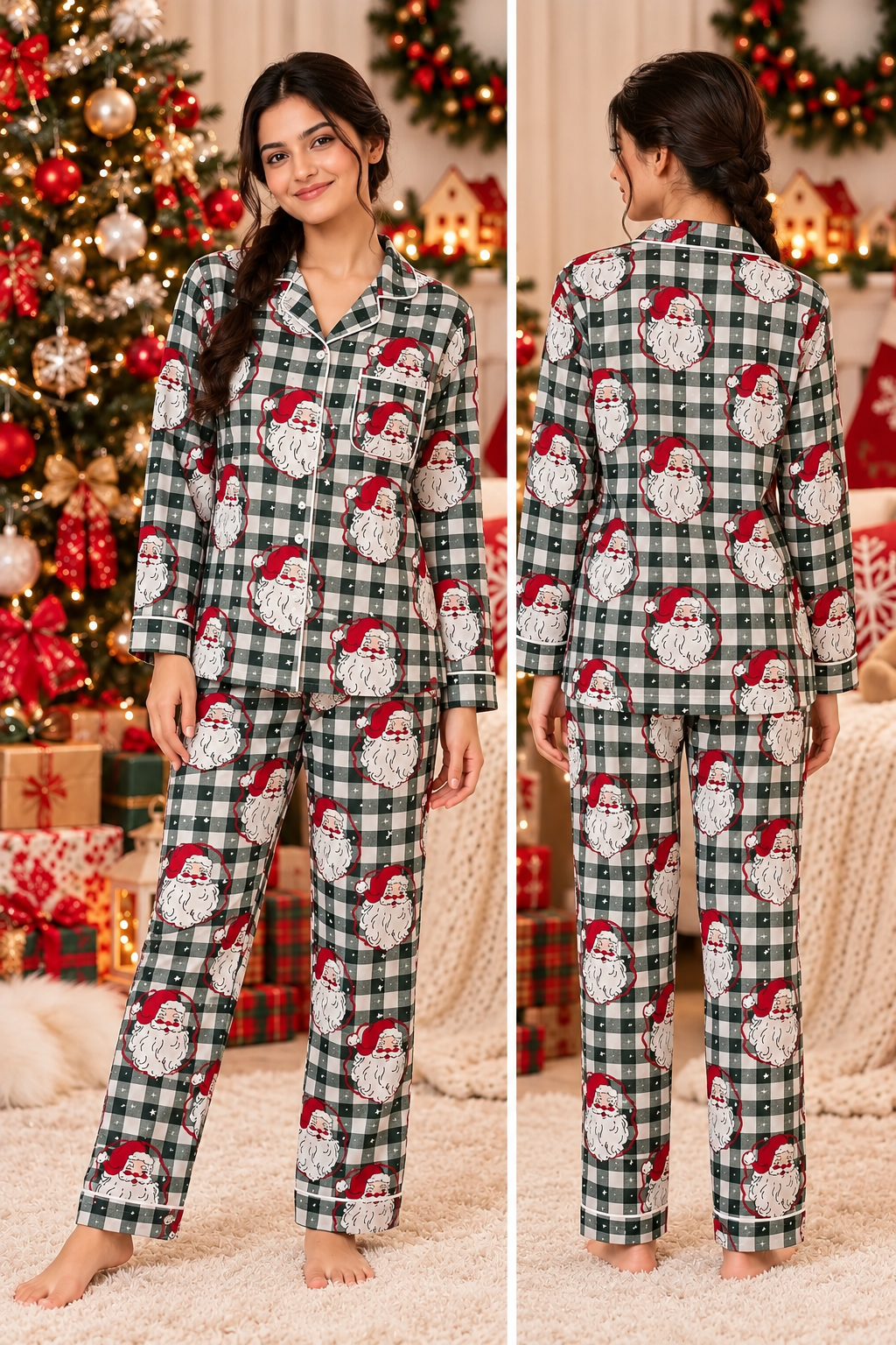 Christmas Santa Checks Cotton Flannel Long Sleeve Women's Night Suit