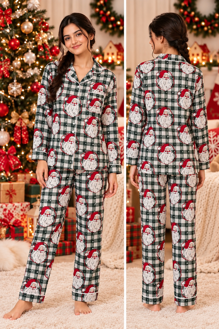 Christmas Santa Checks Cotton Flannel Long Sleeve Women's Night Suit