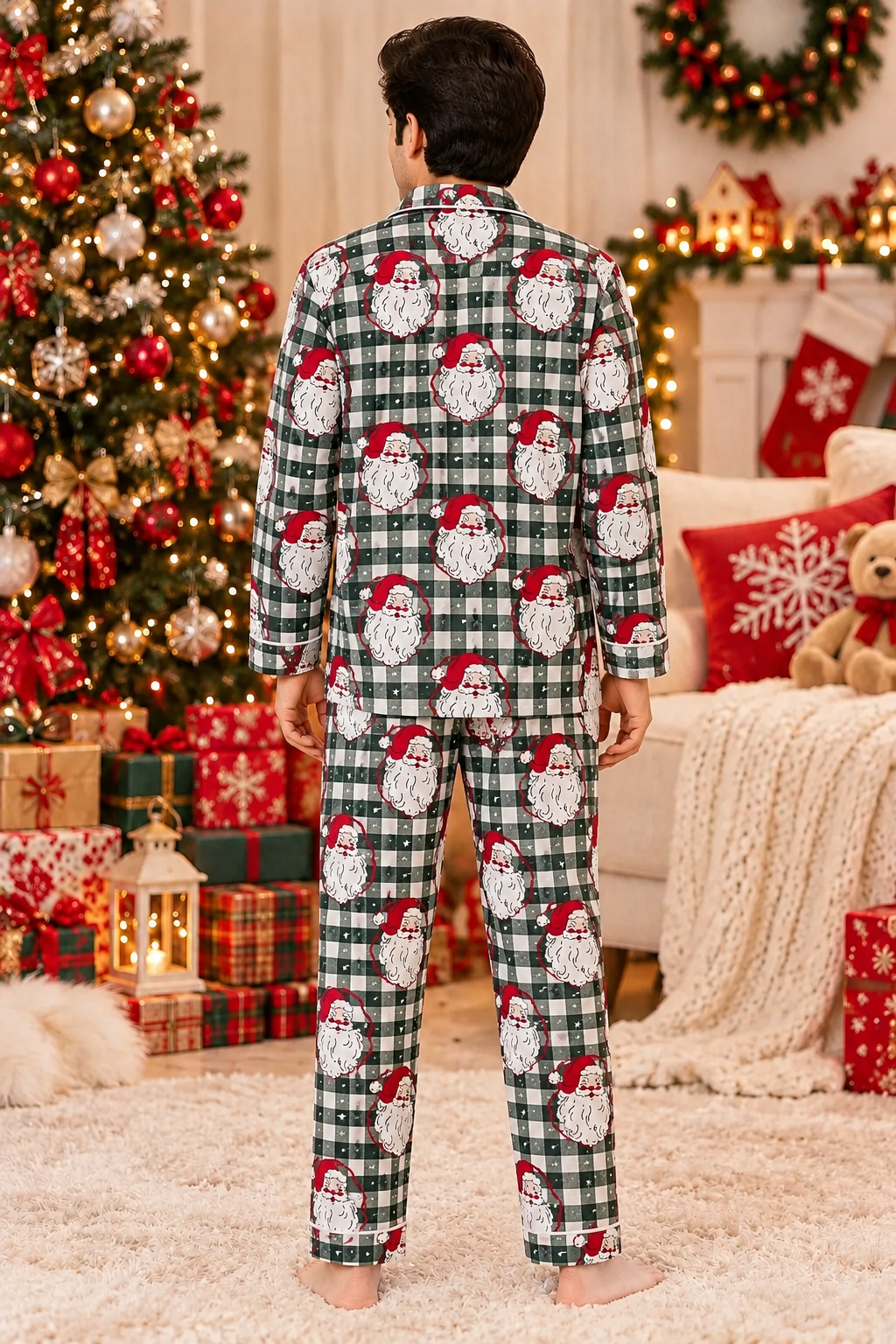 Christmas Santa Checks Cotton Flannel Long Sleeve Men's Night Suit