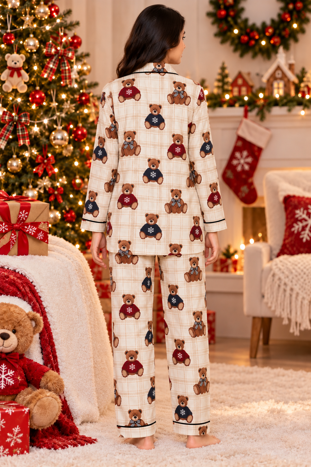 Christmas Teddy Bear  Cotton Flannel Long Sleeve Women's Night Suit