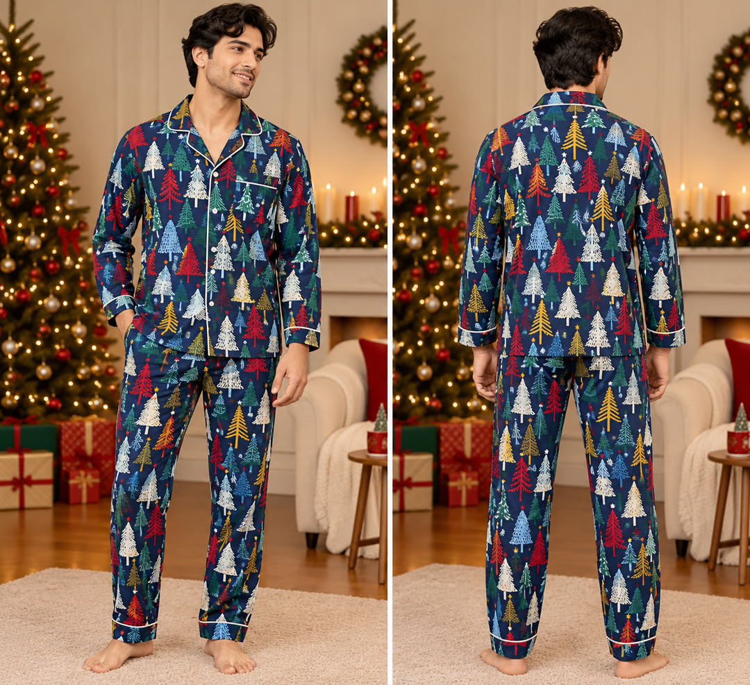 Merry Forest Print  Cotton Flannel Long Sleeve Men's Night Suit