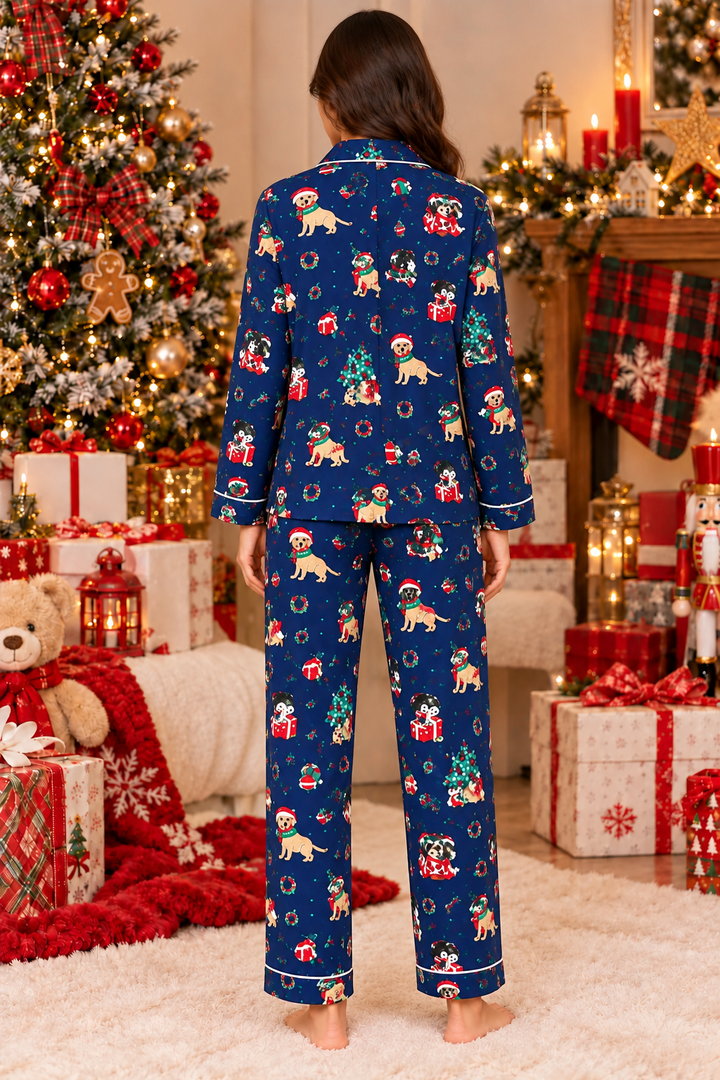 Christmas Puppy & Gift Print cotton Flannel Long Sleeve Women's Night Suit