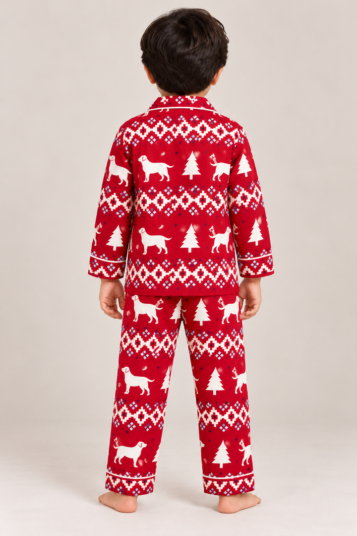 Red Snowflake & Puppy Cotton Flannel Long Sleeve Kids Night Suit