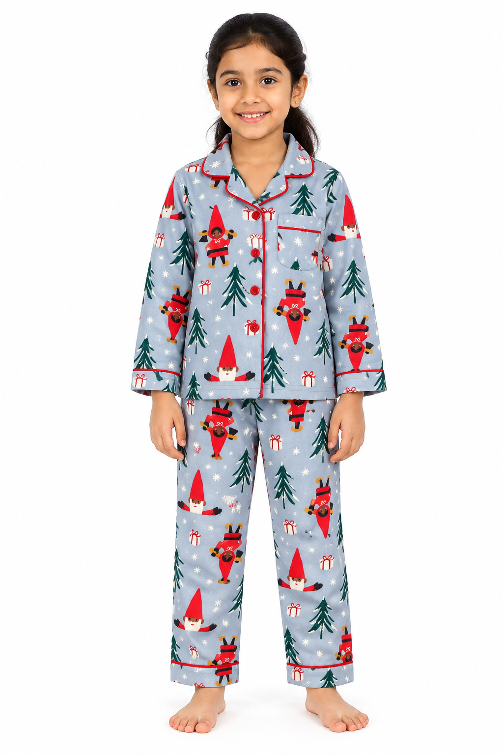 Frosty Gnome Christmas Cotton Flannel Long Sleeve Kids Night Suit