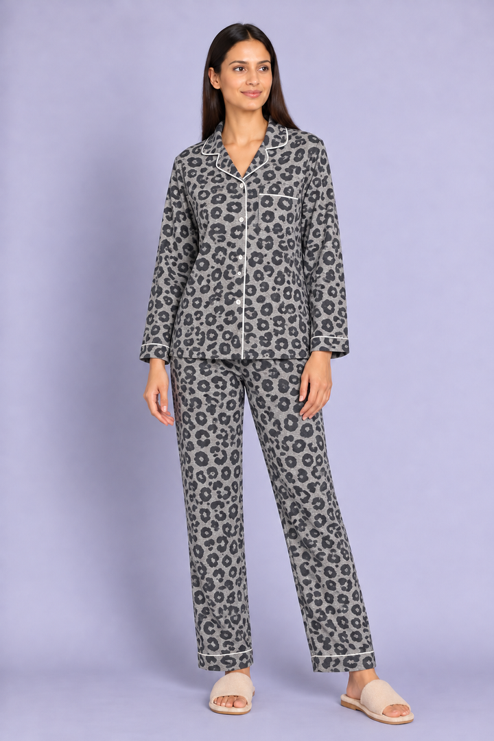 Light Grey Leopard Print cotton Flannel Long Sleeve Women's Night Suit