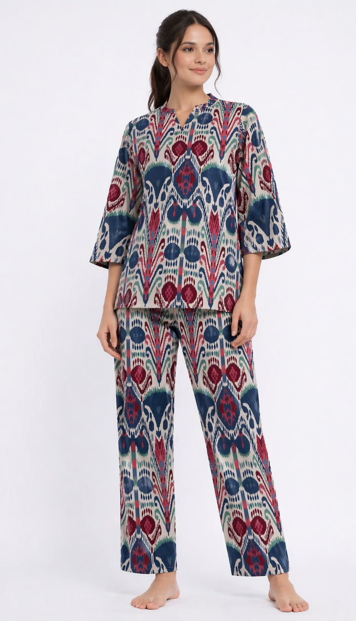 Boho Ikat Comfort  V Neck 3/4Th Sleeve Women's Night Suit