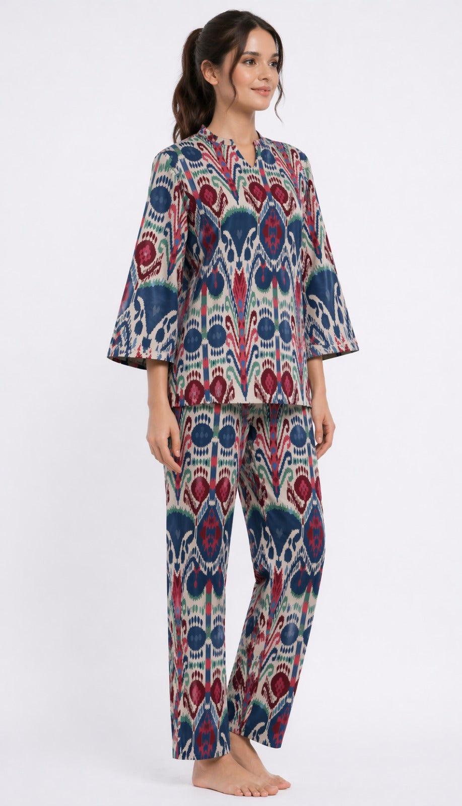 Boho Ikat Comfort  V Neck 3/4Th Sleeve Women's Night Suit