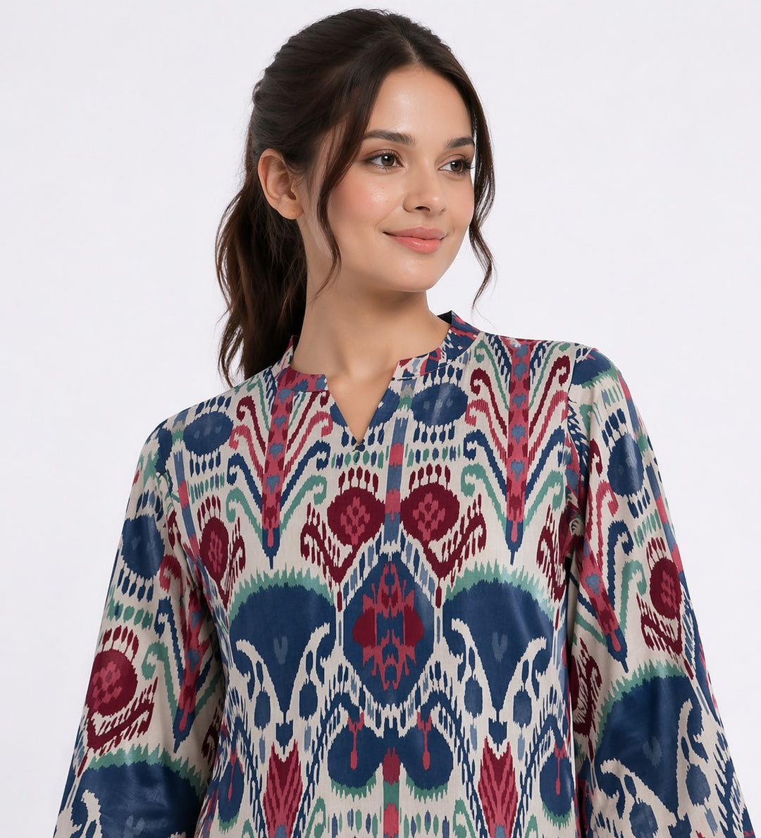 Boho Ikat Comfort  V Neck 3/4Th Sleeve Women's Night Suit