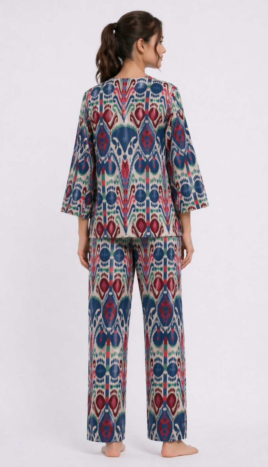 Boho Ikat Comfort  V Neck 3/4Th Sleeve Women's Night Suit