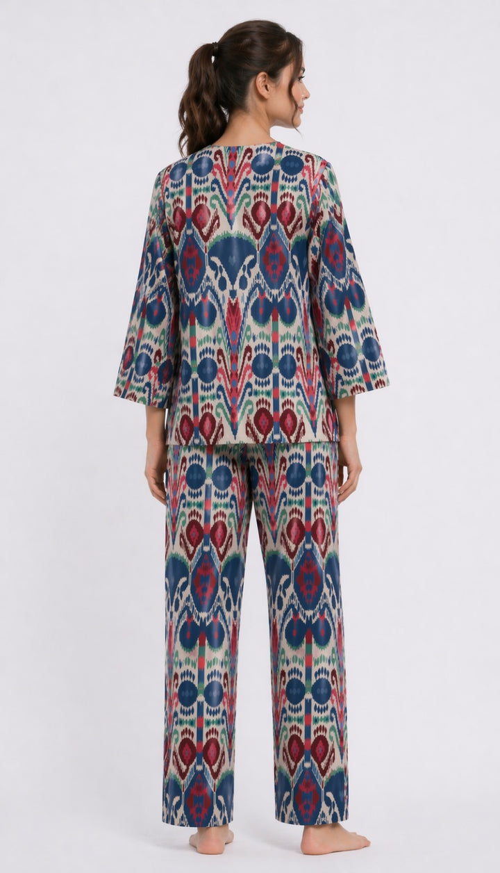 Boho Ikat Comfort  V Neck 3/4Th Sleeve Women's Night Suit