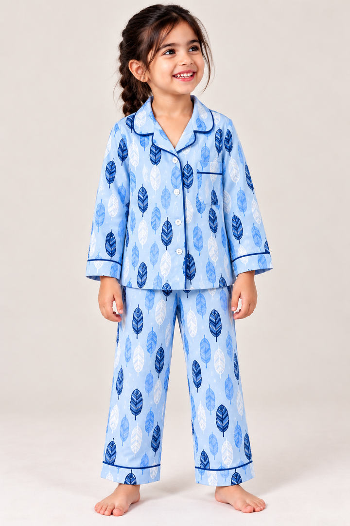 Blue Feather Cotton Flannel Long Sleeve Kids Night Suit