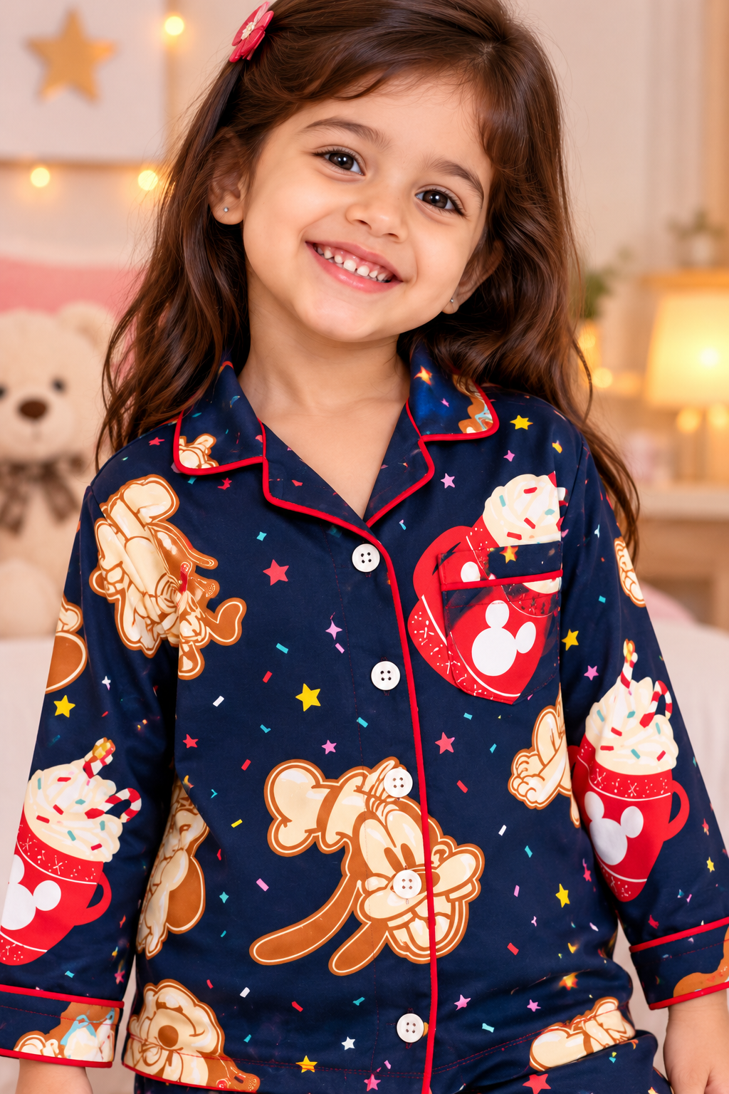 Mickey Magic Navy Blue Cotton Flannel Long Sleeve Kids Night Suit