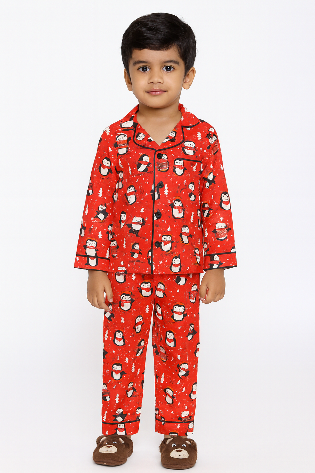 Red Frosty Friends Cotton Long Sleeve Kids Night Suit