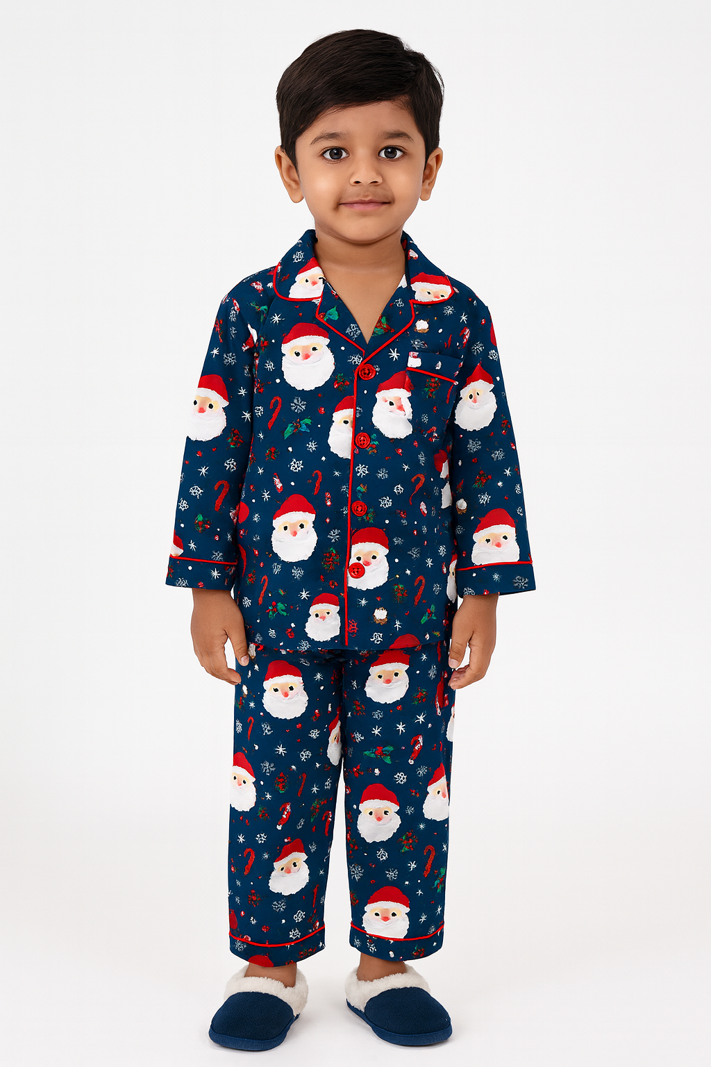 Blue Christmas Print Cotton Long Sleeve Kids Night Suit