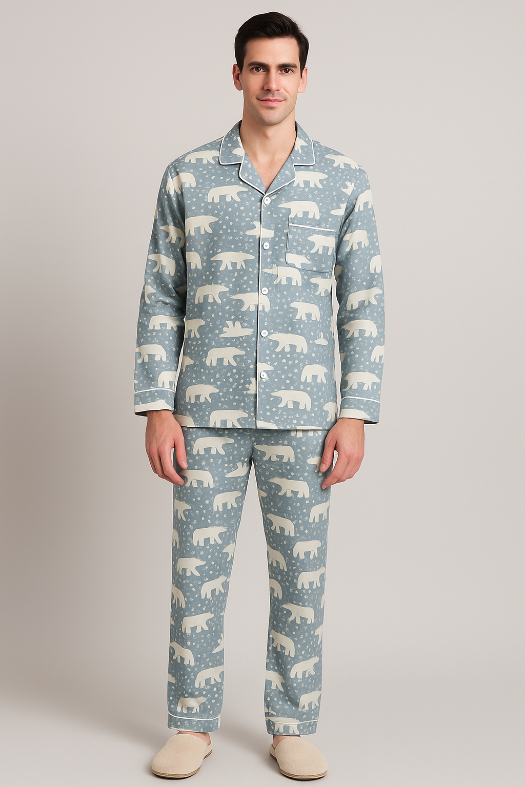 White Polar Bear Cotton Flannel Long Sleeve Men's Night Suit