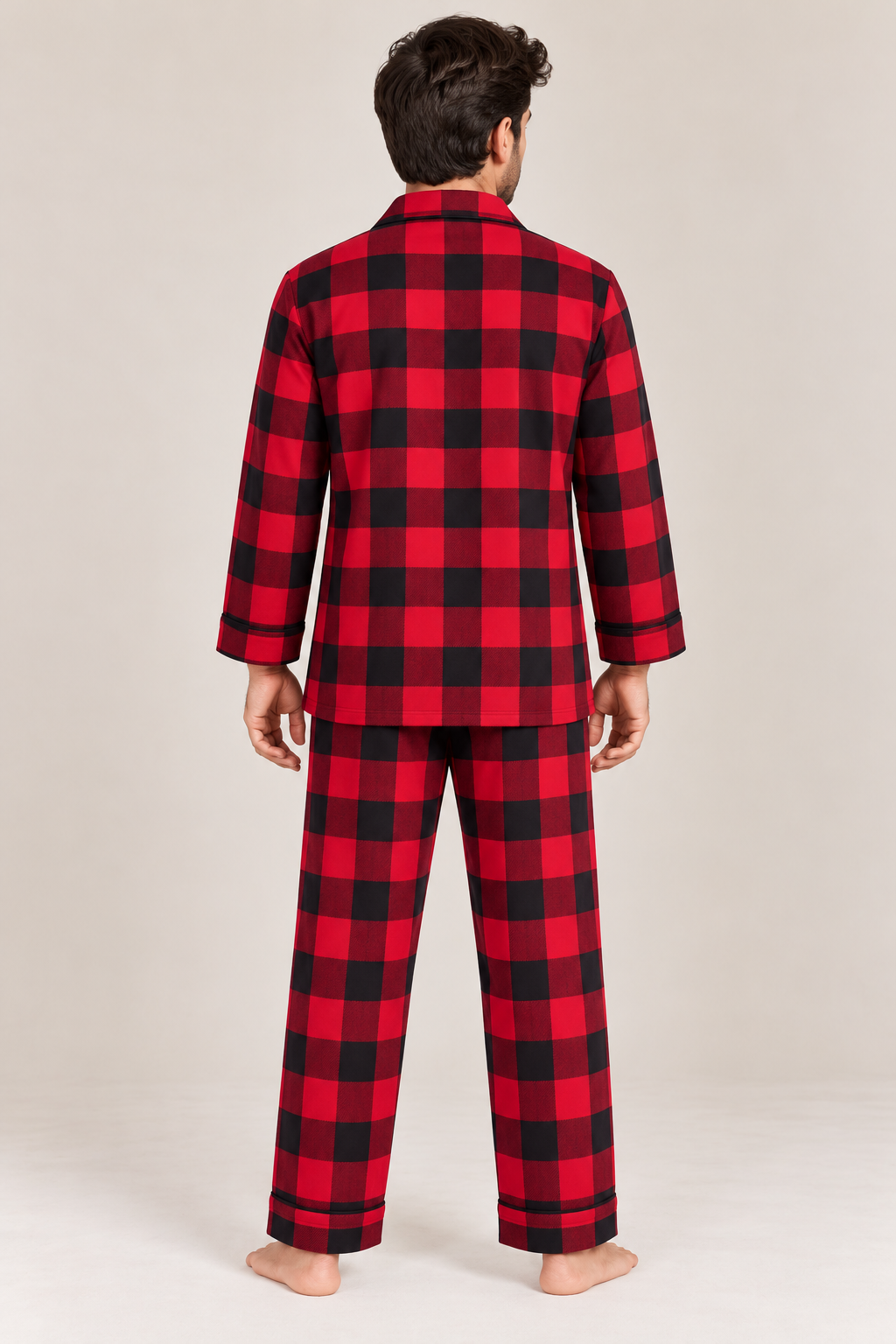 Red & Black Cotton Flannel Long Sleeve Men's Night Suit