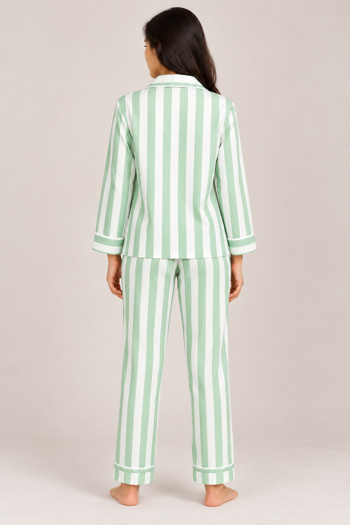 Mint Breeze Stripe Cotton Flannel Long Sleeve Women's Night Suit