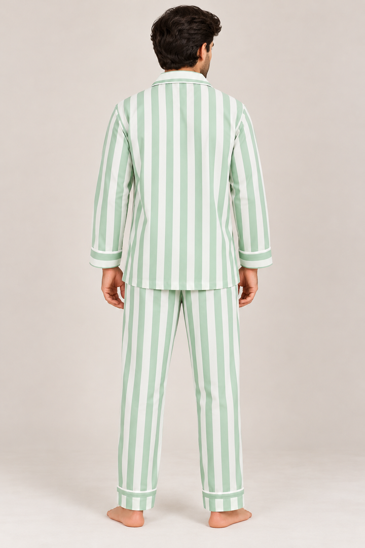 Mint Breeze Stripe Cotton Flannel Long Sleeve Men's Night Suit