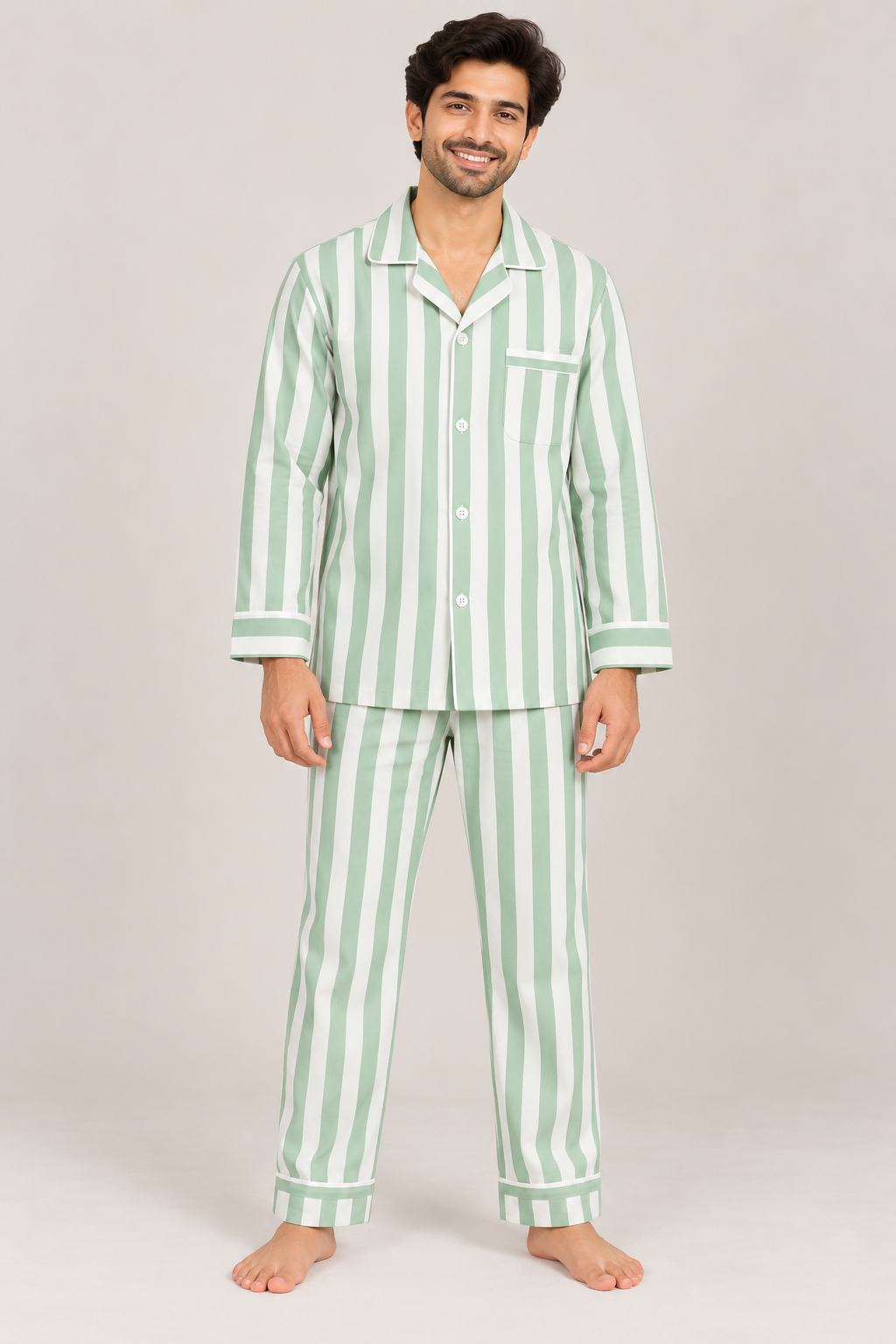 Mint Breeze Stripe Cotton Flannel Long Sleeve Men's Night Suit