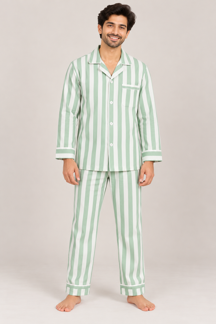 Mint Breeze Stripe Cotton Flannel Long Sleeve Men's Night Suit