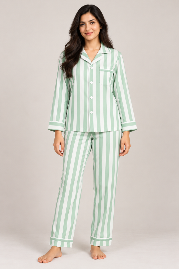 Mint Breeze Stripe Cotton Flannel Long Sleeve Women's Night Suit