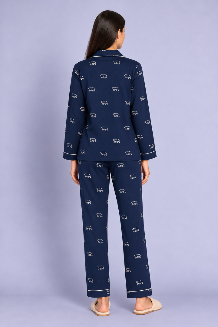 Minimal Bear Outline Print cotton Flannel Long Sleeve Women's Night Suit