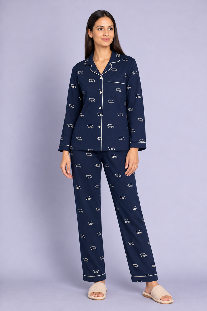 Minimal Bear Outline Print cotton Flannel Long Sleeve Women's Night Suit
