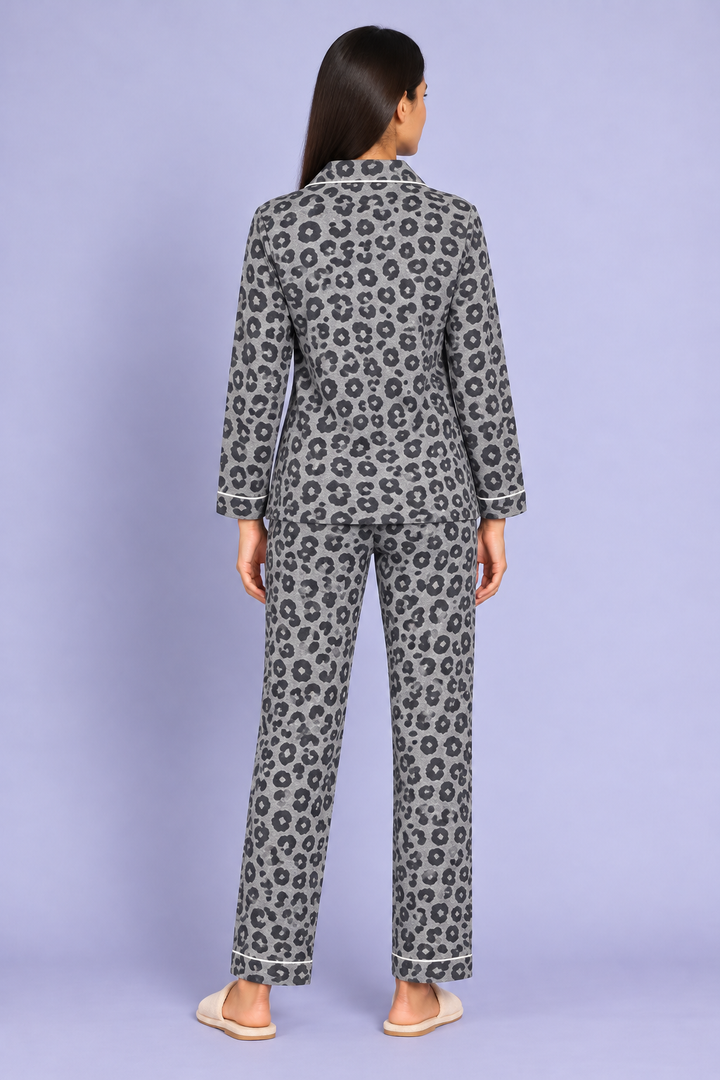 Light Grey Leopard Print cotton Flannel Long Sleeve Women's Night Suit