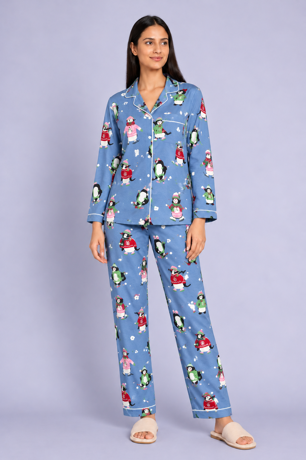Winter Penguin Print cotton Flannel Long Sleeve Women's Night Suit