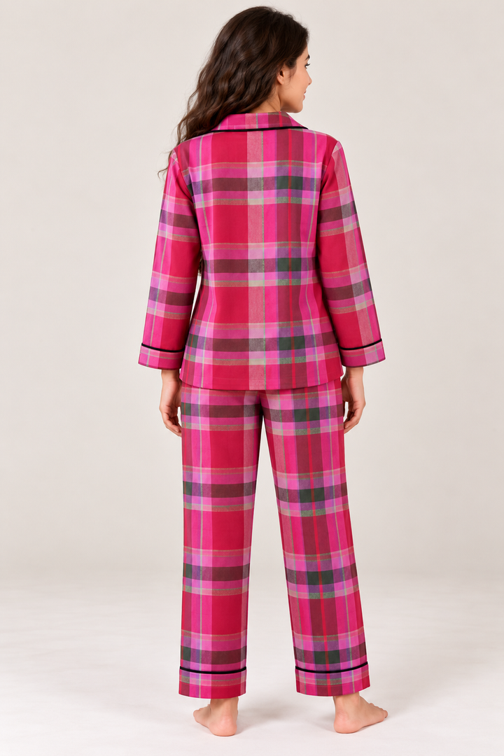 Midnight Magenta Plaid Cotton Flannel Long Sleeve Women's Night Suit