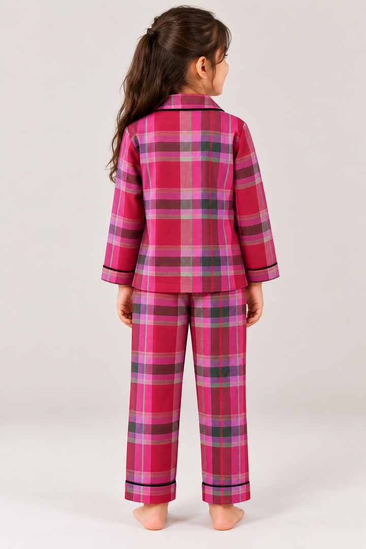 Midnight Magenta Plaid Cotton Flannel Long Sleeve Kids Night Suit