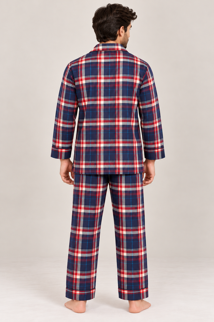 Navy Blue & Red Checked Cotton Flannel Long Sleeve Men's Night Suit
