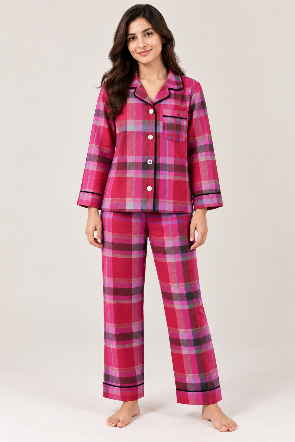 Midnight Magenta Plaid Cotton Flannel Long Sleeve Women's Night Suit
