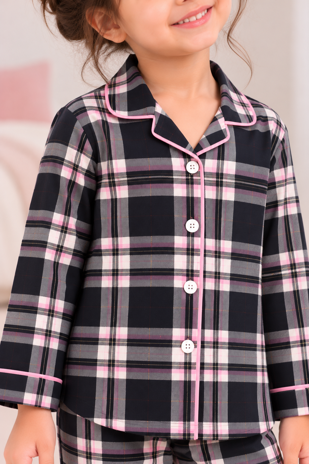 Midnight Pink Plaid Cotton Flannel Long Sleeve Kids Night Suit