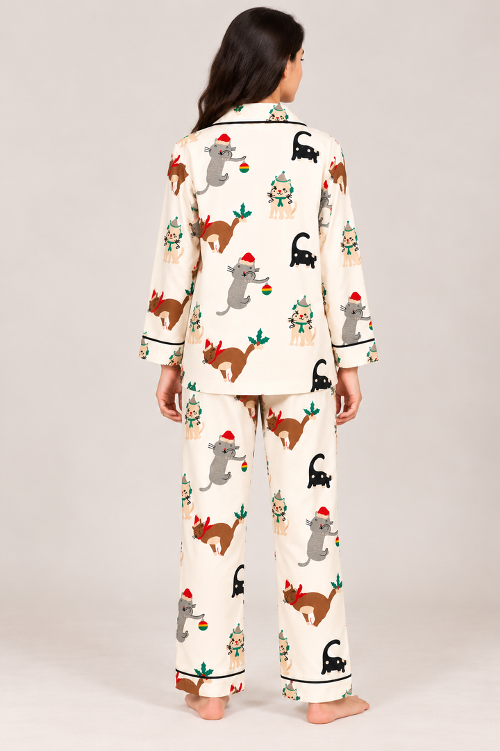 Meowy Christmas Cotton Flannel Long Sleeve Women's Night Suit