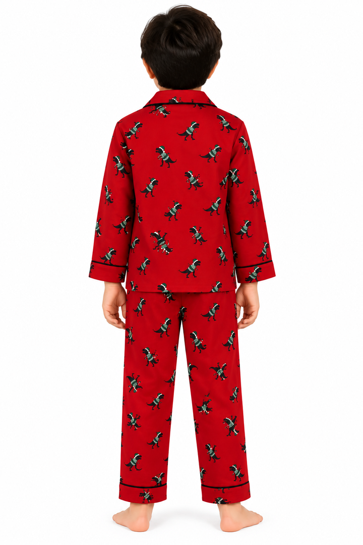 Festive Dino Cotton Flannel Long Sleeve Kids Night Suit