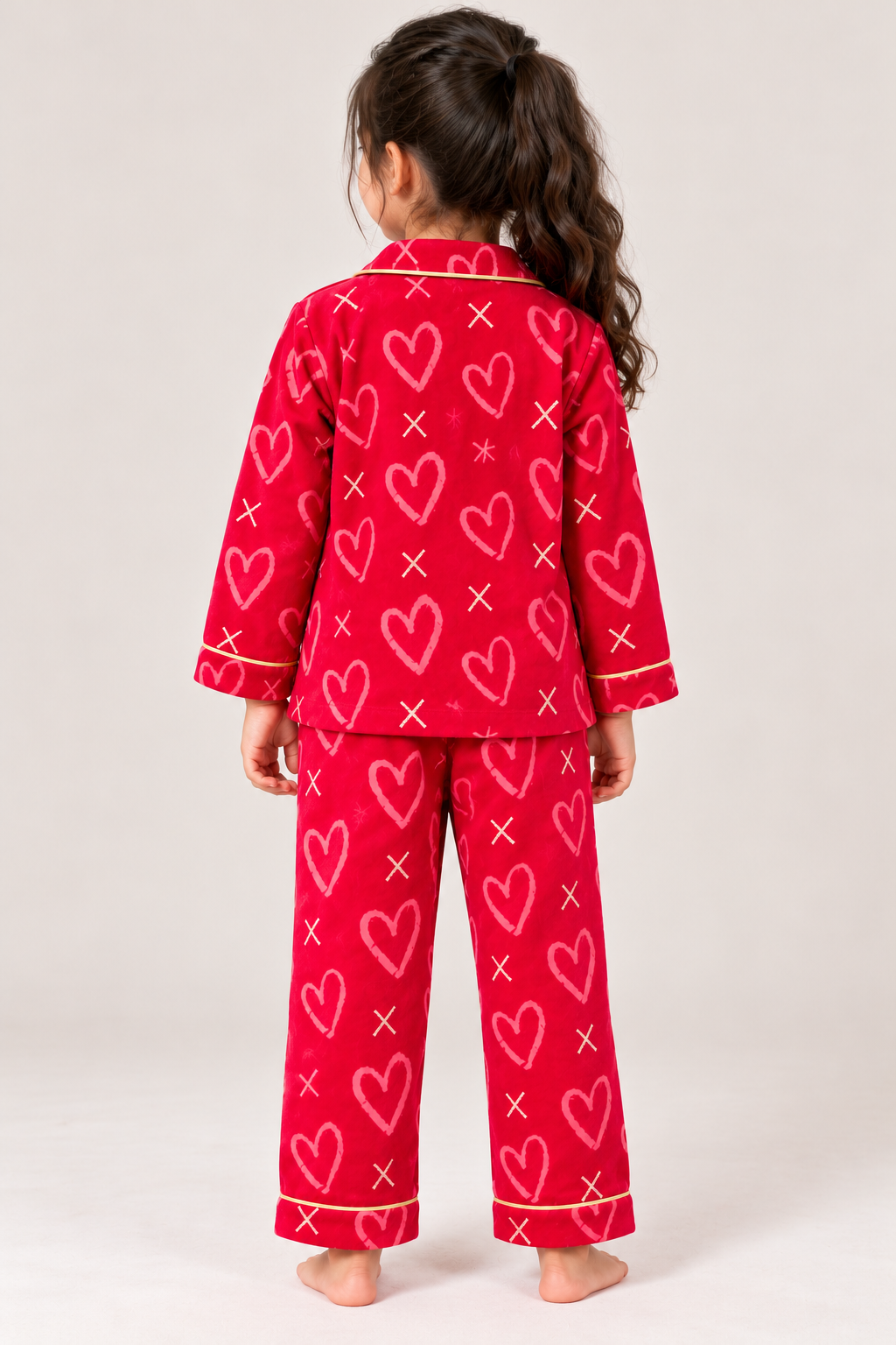 Red Heart Print Cotton Flannel Long Sleeve Kids Night Suit