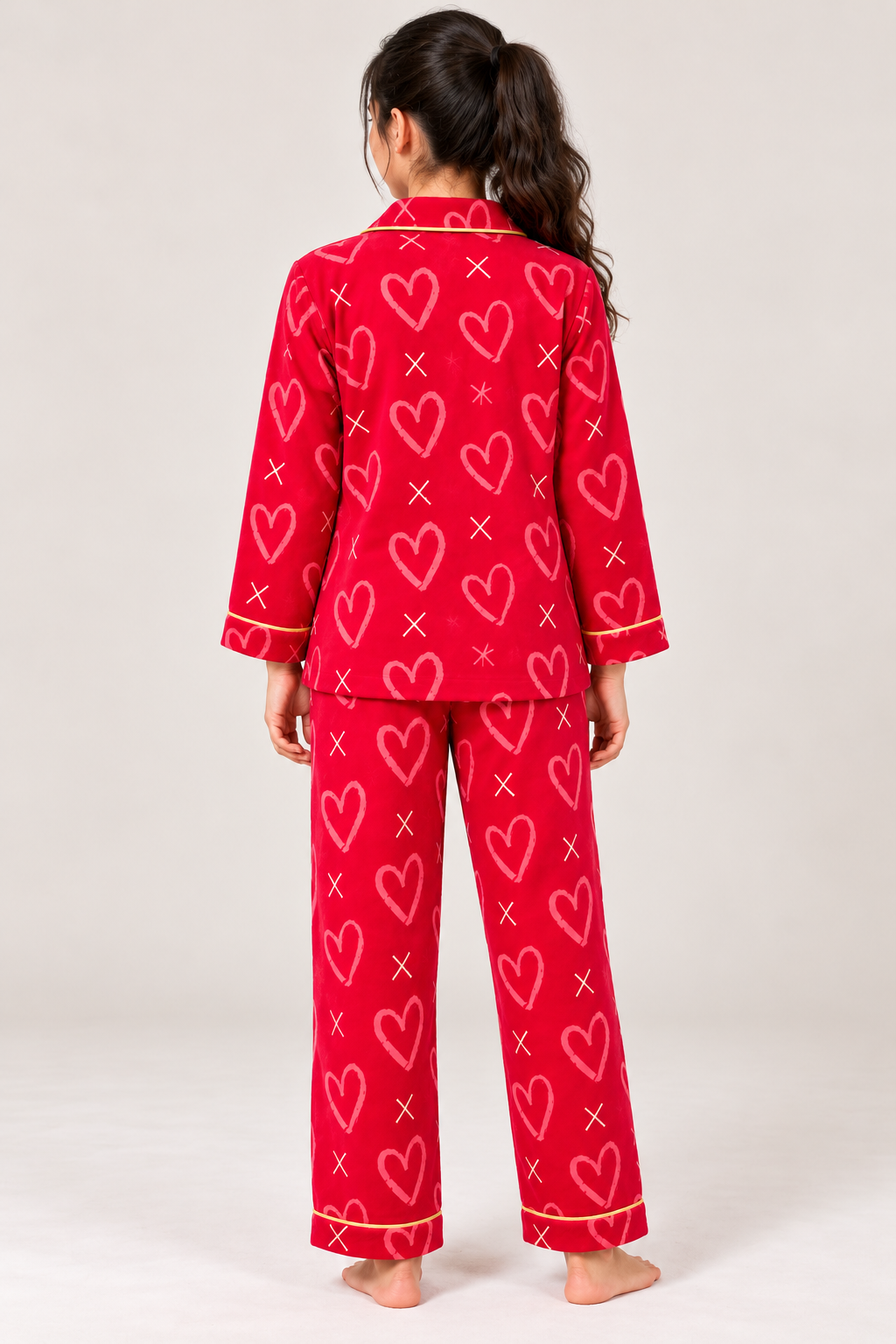 Red Heart Print Cotton Flannel Long Sleeve Women's Night Suit