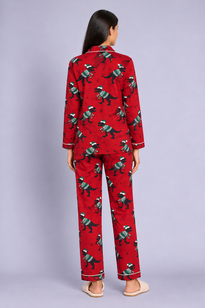 Festive Dino Print Red cotton Flannel Long Sleeve Women's Night Suit