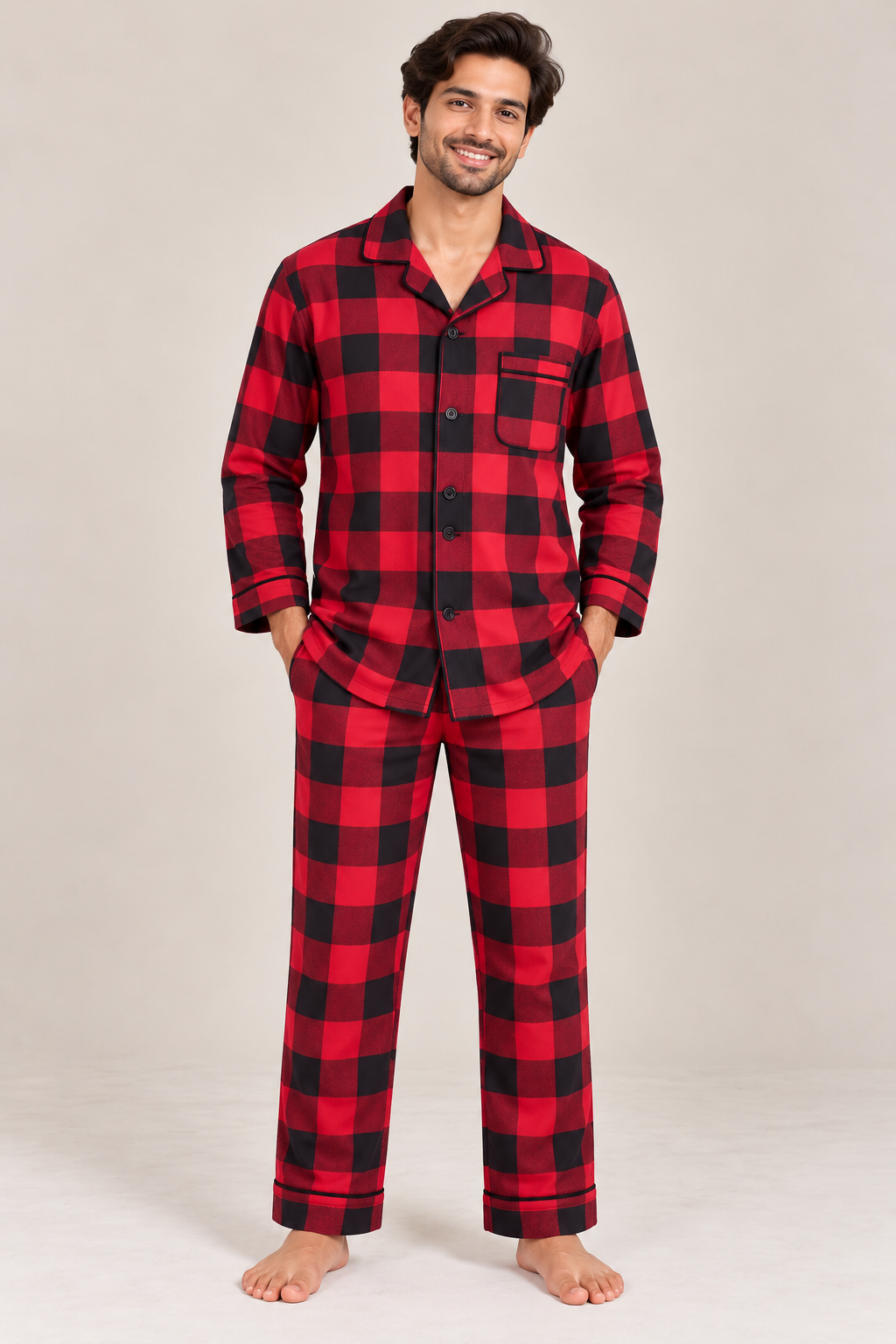 Red & Black Cotton Flannel Long Sleeve Men's Night Suit