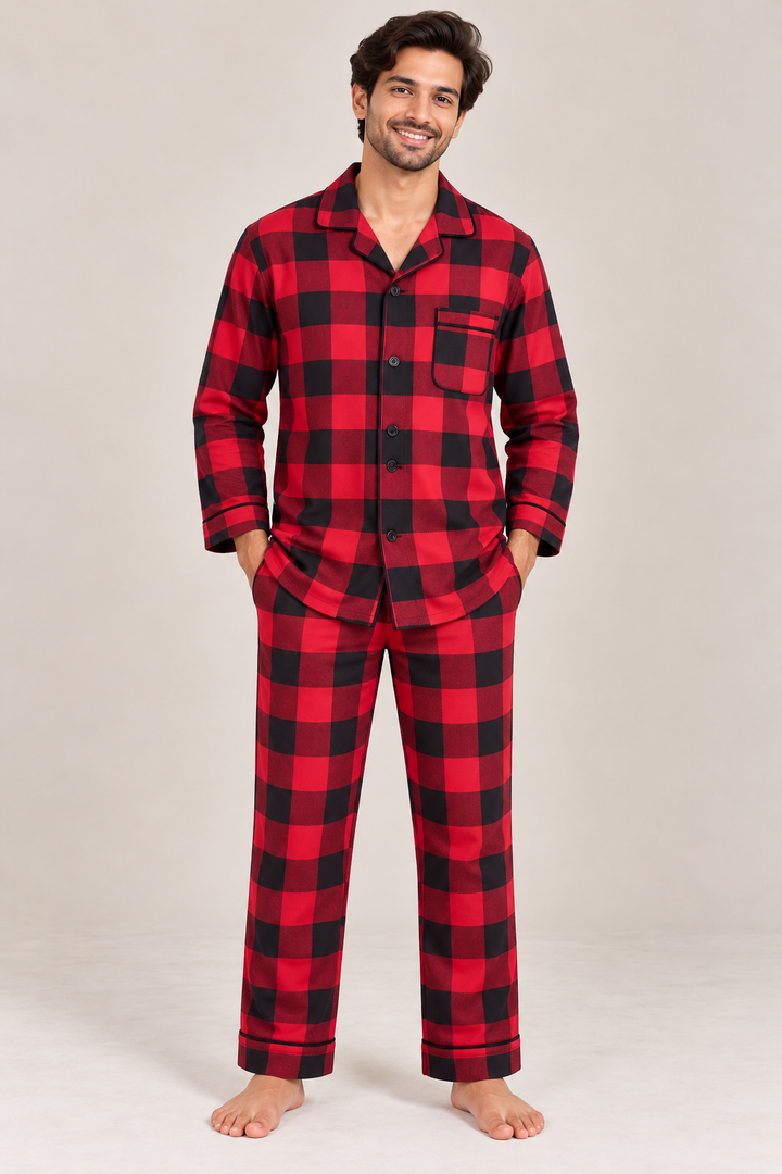 Red & Black Cotton Flannel Long Sleeve Men's Night Suit