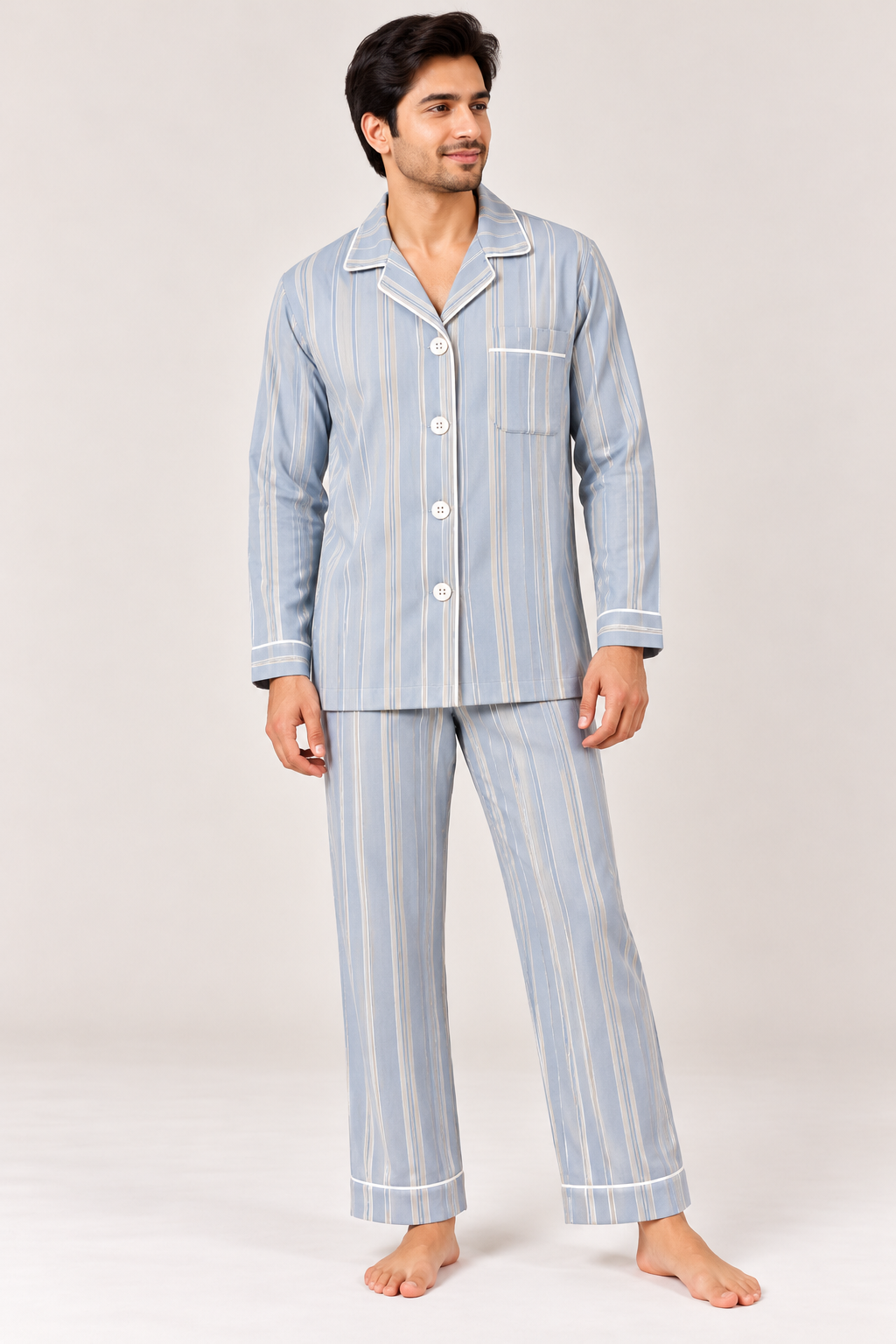 Blue Whisper Striped Cotton Flannel Long Sleeve Men's Night Suit