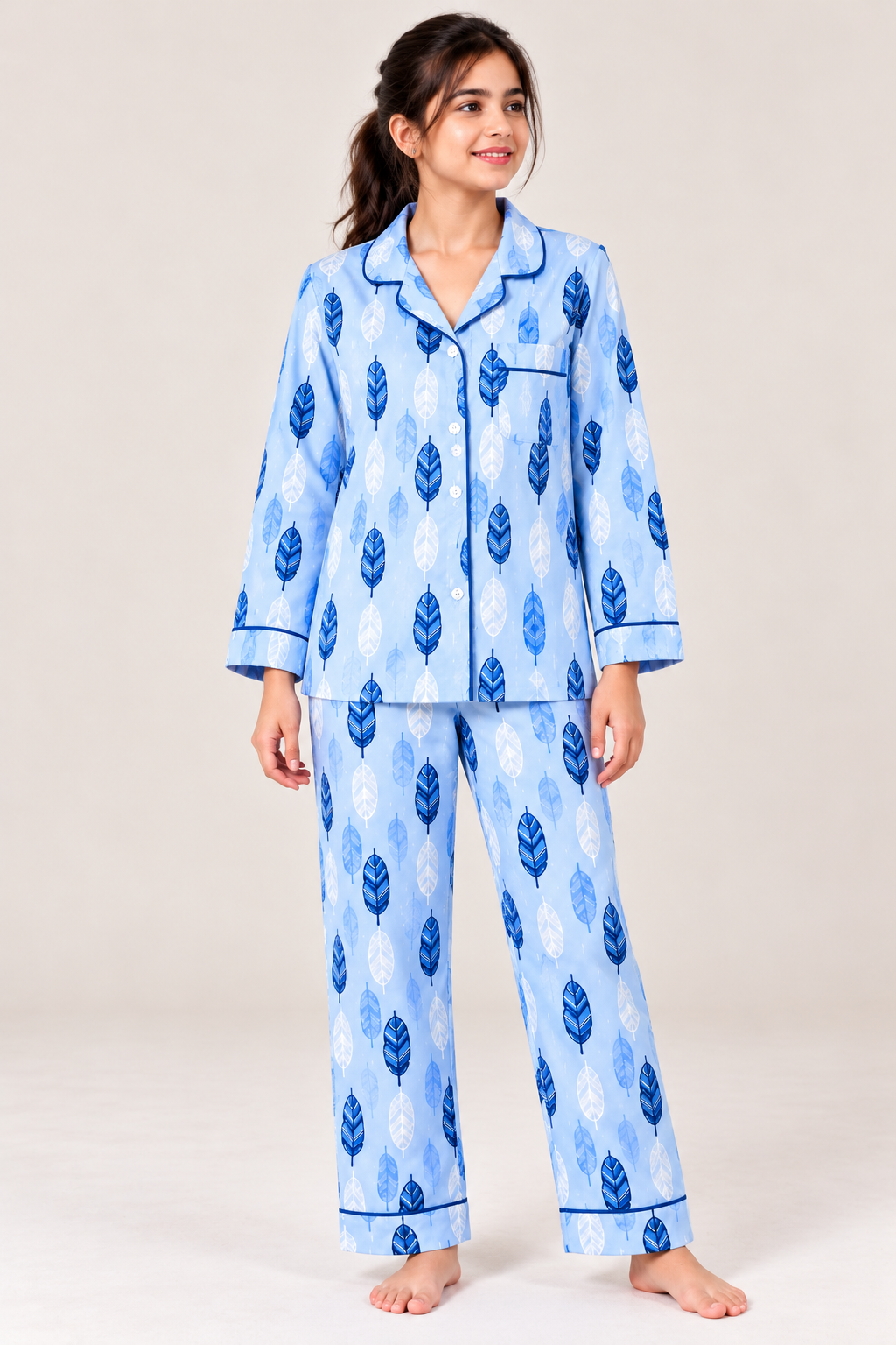 Blue Feather Cotton Flannel Long Sleeve Women's Night Suit