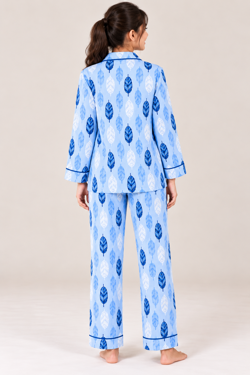 Blue Feather Cotton Flannel Long Sleeve Women's Night Suit